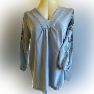 JJill Striped, V-Neck, 3/4 Length Embroidered Sleeve Tunic, Size L